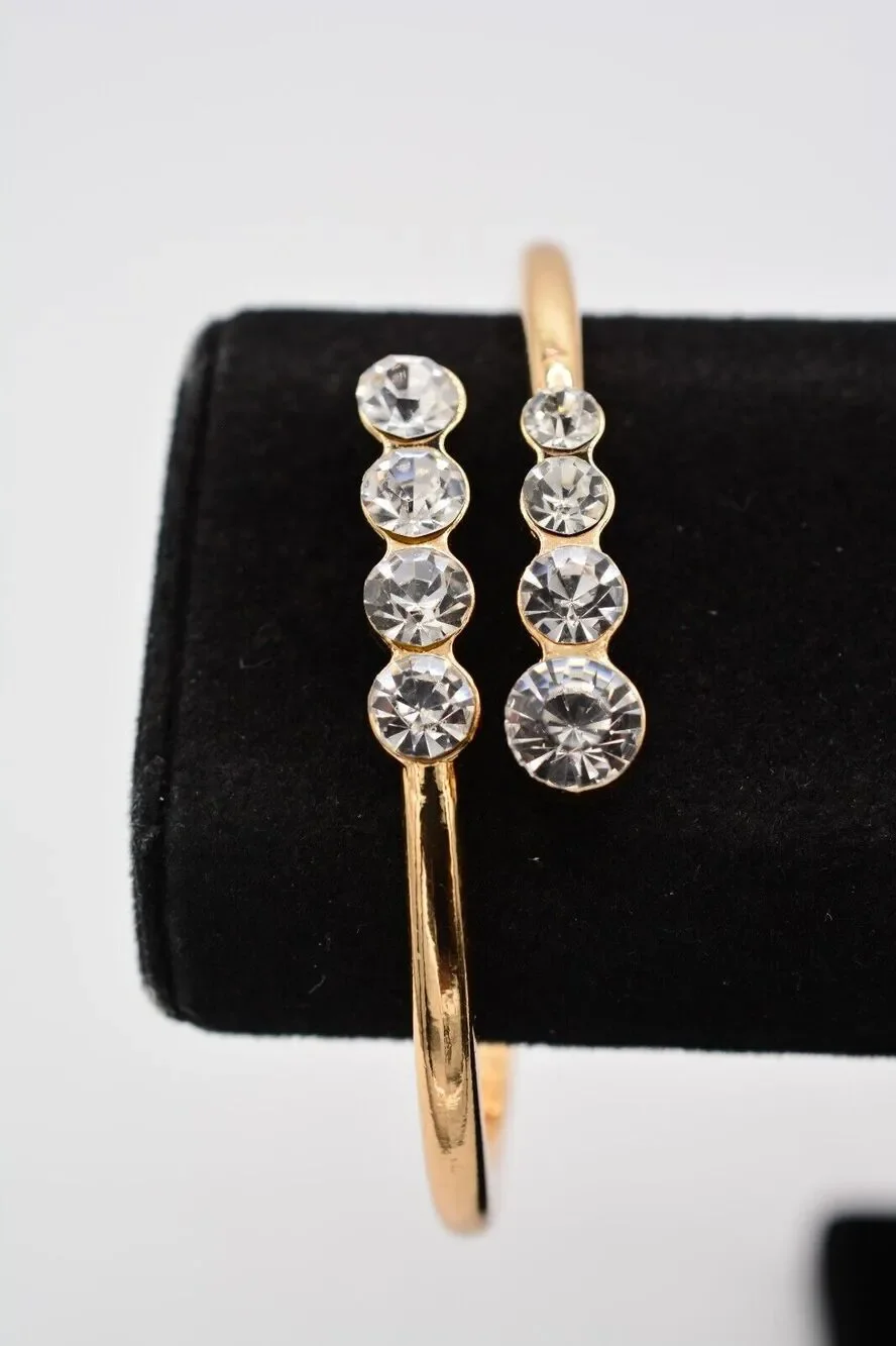 Hinged Bangle Bracelet Shiny Rhinestone Crystal Sparkling Gold Tone Bin8